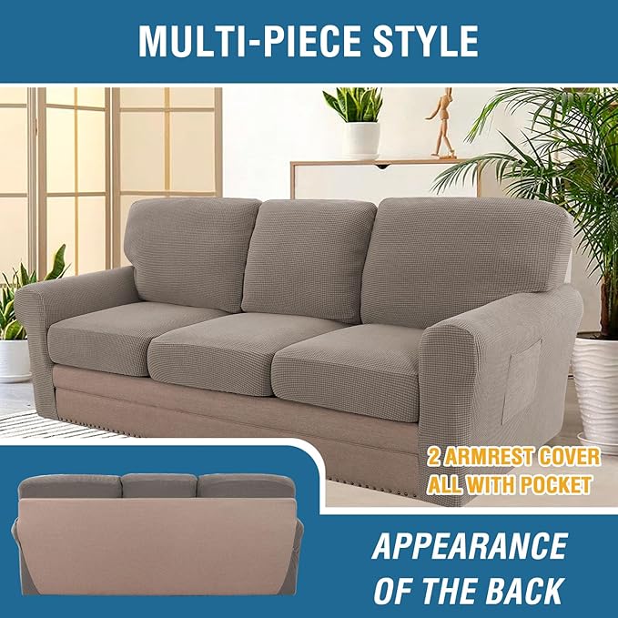 H.VERSAILTEX Multi-Pieces Sofa Covers Stretch Couch Covers Form Fitted Seats and Back Cushions Covers (3 Seat Covers Plus 3 Back Cusion Covers, Bonus 2 Armrest Covers), Taupe