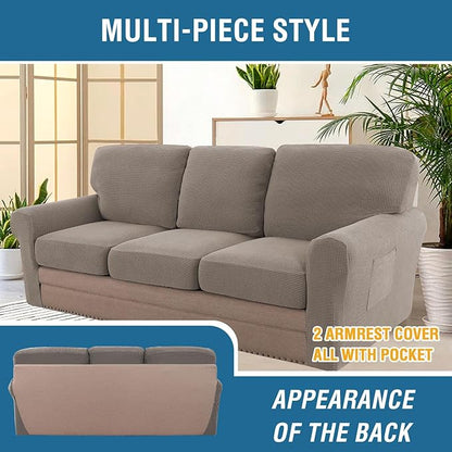 H.VERSAILTEX Multi-Pieces Sofa Covers Stretch Couch Covers Form Fitted Seats and Back Cushions Covers (3 Seat Covers Plus 3 Back Cusion Covers, Bonus 2 Armrest Covers), Taupe