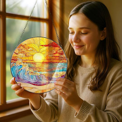 8-Inch Stained Glass Ornament, Stained Glass Window Hanging, Window Hanging Decor Suncatcher, Sunset on The Beach Ornament | Beach Gift, Gifts for Sunset Lovers, Friend, Family & Colleague