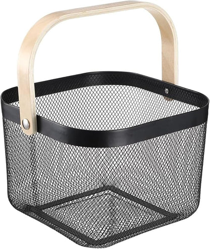 Metal Mesh Wire Basket, Large Steel Basket with Wooden Handle Storage Organizer Basket Multi-functional Hanging Kitchen Baskets Fruit Baskets for Kitchen Bathroom Cabinet Pantry Snacks, Black