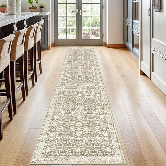 Vintage Runner Rug 2x12, Beige Tan White Washable Long Kitchen Runner Non-Slip Floral Soft Hallway Rug Runner Thin Print Faux Wool Carpet for Entryway Bedroom Laundry Room Indoor Home Decor