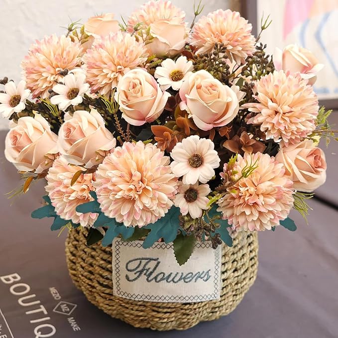 3 Pcs Fall Flowers Artificial Mums Silk Fake Mums Bouquet Faux Floral Arrangements Home Indoor Outdoor Planter Decor Party Wedding Table Autumn Decoration (Champagne)