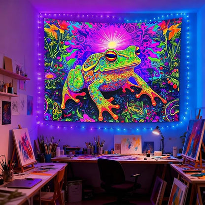 seewan Black Light Frog Tapestry, Glow-in-the-Dark UV Neon Psychedelic Toad with Sunlight Tapestry, Psychedelic Abstract Natural Animal Art Tapestry, Bedroom Dorm Living Room Background Decor