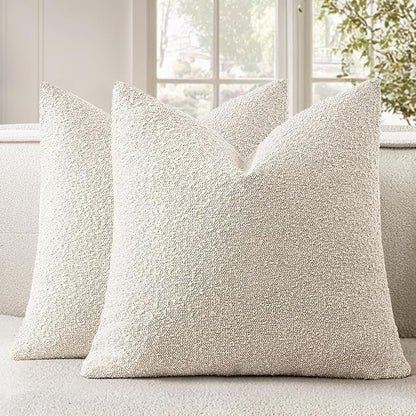 Woaboy Pack of 2 20x20 Inch Decorative Boucle Throw Pillow Covers Textured Square Pillowcaes Accent Solid Cozy Soft Cushion Covers Home Decor for Sofa Couch Living Room Home Decor,Natural Beige