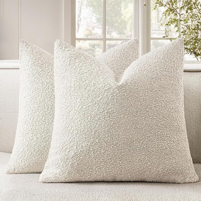 Woaboy Pack of 2 24x24 Inch Decorative Boucle Throw Pillow Covers Textured Square Pillowcaes Accent Euro Solid Cozy Soft Cushion Covers Home Decor for Sofa Couch Living Room Home Decor,Natural Beige