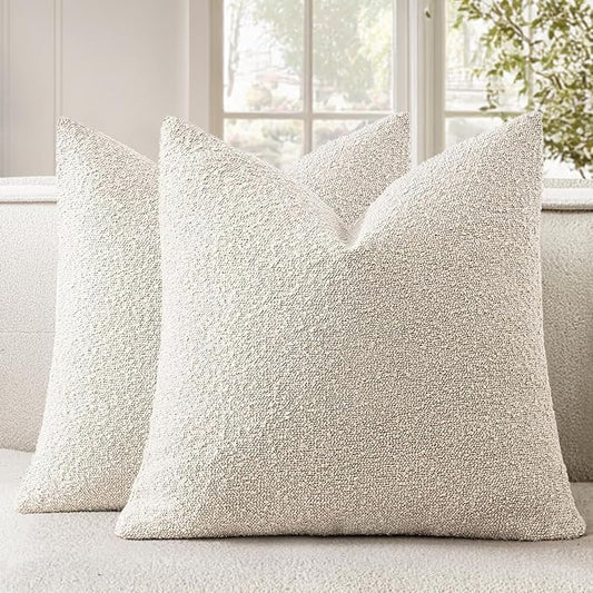 Woaboy Pack of 2 18x18 Inch Decorative Boucle Throw Pillow Covers Textured Square Pillowcaes Accent Solid Cozy Soft Cushion Covers Home Decor for Sofa Couch Living Room Home Decor,Natural Beige
