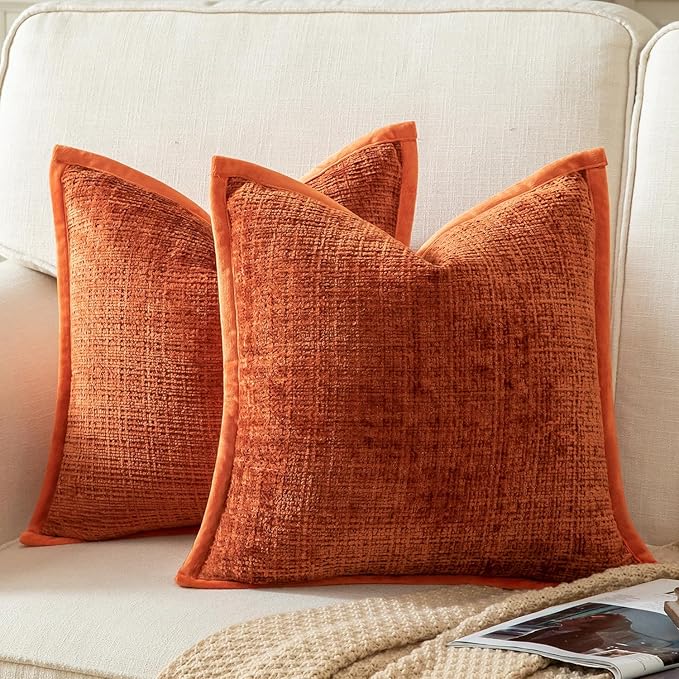 Yaertun Pack of 2 Chenille Textured Decorative Throw Pillow Covers Accent Solid Cushion Cover Soft Cozy Pillow Case with Velvet Back for Couch Sofa Bed Living Room 16x16 Inch Rust