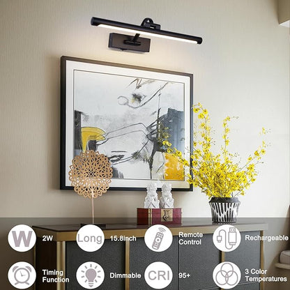 Black Picture Lights Battery Operated 16” Frame Light Rechargeable Gallery Lighting Remote Wireless Art Light for Painting Dimmable Display Lights with Timer Wall Sconce for Portrait Dartboard