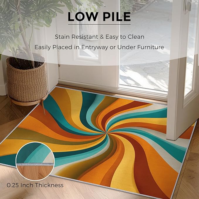 4x4 Retro Spiral Rugs for Bedroom Decor, Washable Groovy 70s 60s Swiral Pattern Area Rug, Living Room Home Decoration, Non Slip Soft Thin, Abstract Art Decor Carpet PF-P 56
