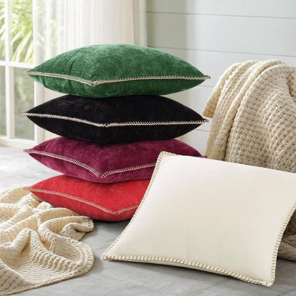 decorUhome Spring Chenille Soft Throw Pillow Covers 16x16 Set of 2, Farmhouse Velvet Neutral Decorative Pillow Covers with Stitched Edge for Couch Sofa Bed Home Decor, Green