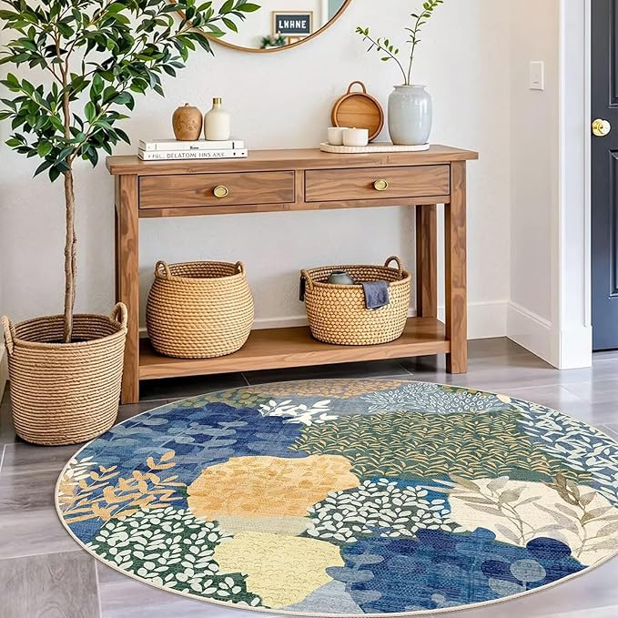 DEXDE Round Rug 4ft Washable Circle Area Rugs Non Slip Low Pile Boho Floral Small Circular Carpet for Bedroom Bathroom Entryway Kids Room Office Dining Room,Blue