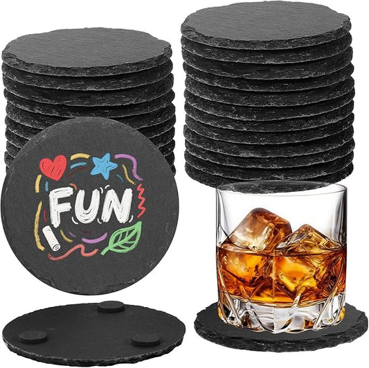 24 PCS Black Natural Slate Coasters Bulk Set 4 Inch Laser Engraving Blanks with Anti Scratch Bottoms for Home, Office, Bar, Gifts Round (24 Round Coasters)