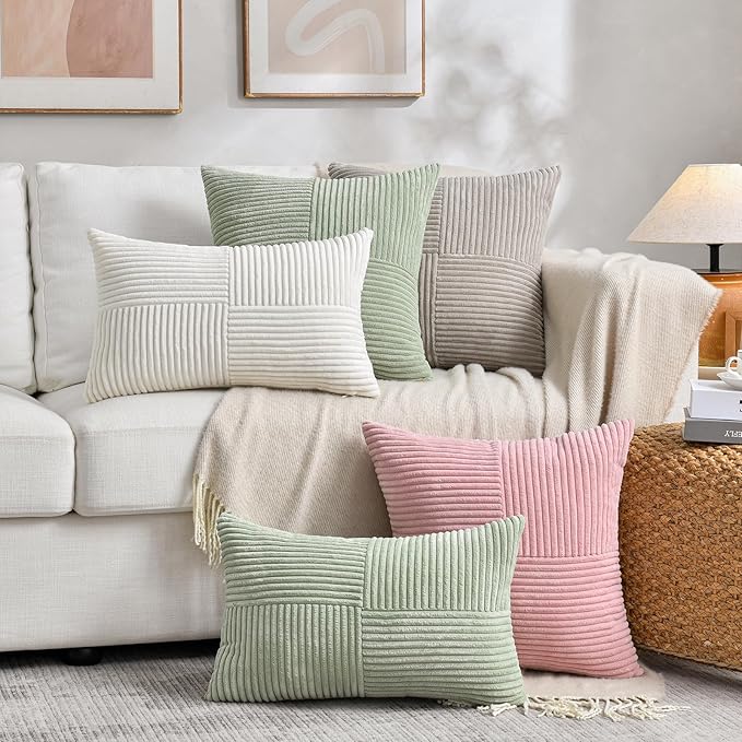 Fancy Homi 2 Packs Blush Pink Euro Decorative Throw Pillow Covers 28x28 Inch for Couch Bed Sofa, Farmhouse Boho Home Decor, Soft Corss Corduroy Patchwork Textured Square Cushion Case 71x71 cm