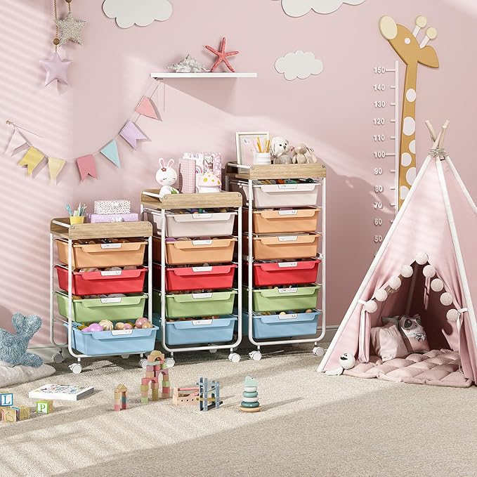 Rolling Storage Utility Cart with 6 Drawers,Art Supply Craft Organizer,Sewing Makeup Organizer and Storage,Office Organization Wooden Tabletop,Rainbow