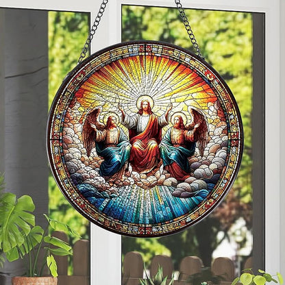 Rngmsi Christmas Jesus Stained Glass Window Hanging, 7.8" Christian Gift Sun Catchers Indoor Window Decor, Suncatchers for Windows Hanging Christmas Religious Catholic Gifts for Women Faith