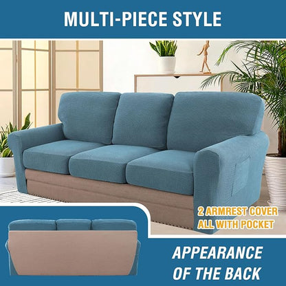 H.VERSAILTEX Multi-Pieces Sofa Covers Stretch Couch Covers Form Fitted Seats and Back Cushions Covers (3 Seat Covers Plus 3 Back Cusion Covers, Bonus 2 Armrest Covers), Storm Blue