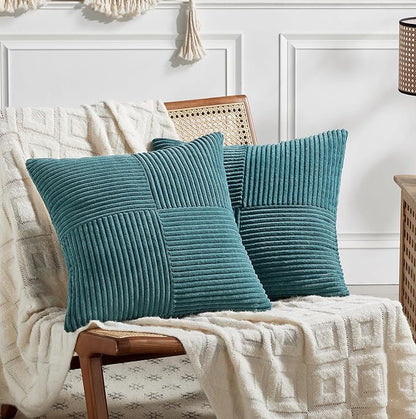 Fancy Homi 2 Packs Teal Decorative Throw Pillow Covers 16x16 Inch for Living Room Couch Bed Sofa, Rustic Farmhouse Boho Home Decor, Soft Corss Patchwork Corduroy Textured Square Cushion Case 40x40 cm