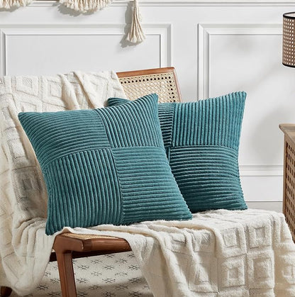 Fancy Homi 2 Packs Teal Decorative Throw Pillow Covers 22x22 Inch for Living Room Couch Bed Sofa, Rustic Farmhouse Boho Home Decor, Soft Corss Corduroy Patchwork Accent Square Cushion Case 55x55 cm