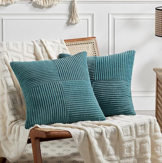 Fancy Homi 2 Packs Teal Decorative Throw Pillow Covers 22x22 Inch for Living Room Couch Bed Sofa, Rustic Farmhouse Boho Home Decor, Soft Corss Corduroy Patchwork Accent Square Cushion Case 55x55 cm