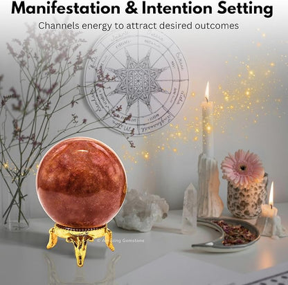 Amazing Gemstone Strawberry Quartz Crystal Ball with Stand - 1.5 Inches Crystal Sphere Meditation Balls for Witchcraft and Decorative Balls