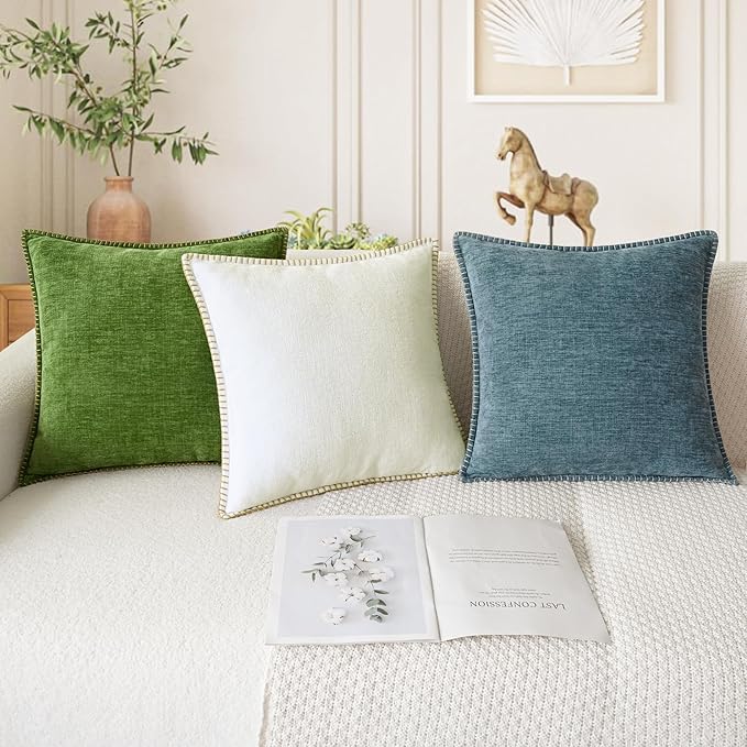 CaliTime Throw Pillow Covers Decorative 24 X 24 Inches Pack of 2 Cotton Thread Stitching Edges Solid Dyed Soft Chenille Cushion Cases for Couch Sofa Bed Living Room Farmhouse Forest Green