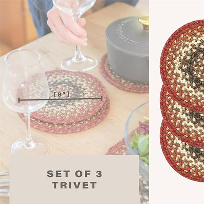 Homespice Chester Jute Braided Trivets for Table, Warm Lodge and Cabin Decor, Set of 3, Red 8" Round Heat Resistant Mats - Rich Colors, Easy to Clean, Durable and Protects Furniture