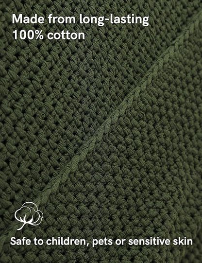 YnM Chunky Cotton Knit Throw Blanket, Cable Knit Throws for Bed Couch Sofa, Comfy & Relaxing, Decorative Piece for Farmhouse Modern Boho Rustic Scandinavian Chic Vibe, Pine Green 50x60 Inches