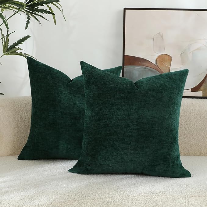 Hunter Green Chenille Decorative Couch Throw Pillow Covers, Soft Cushion Cases for Home Livingroom Sofa Décor, Pack of 2, 14 x 14 Inches