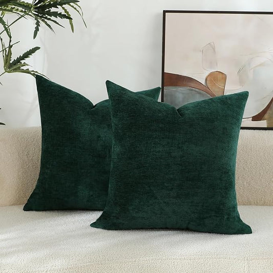 Hunter Green Chenille Decorative Couch Throw Pillow Covers, Soft Cushion Cases for Home Livingroom Sofa Décor, Pack of 2, 14 x 14 Inches