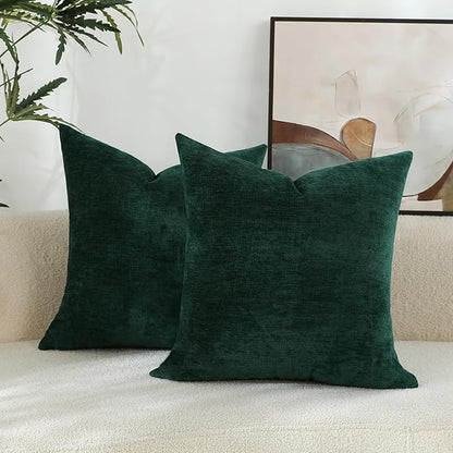 Hunter Green Chenille Decorative Couch Lumbar Throw Pillow Covers, Soft Cushion Cases for Home Livingroom Sofa Décor, Pack of 2, 12 x 20 Inches