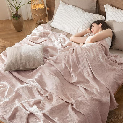 MooMee Muslin Blanket - 100% Cotton 4-Layer Gauze Throw Blanket with Tassels Ultra-Soft Breathable Lightweight Cooling for Bed Couch (Greyish Pink,Throw 60" x 50")