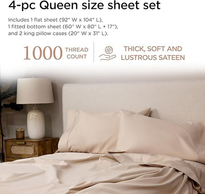 Threadmill Luxury Supima Cotton Sheets, Luxury 1000 Thread Count Soft 100% Cotton Sheets for Queen Size Bed, 4 Pc Beige Bed Queen Set, 5-Star Hotel Quality Elasticized Deep Pocket Bed Sheets Set