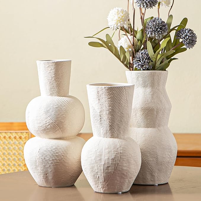 White Textured Ceramic Vase Set of 3 – Modern Decorative Pottery Vases for Boho and Farmhouse Home Decor, Minimalist Flower Vases for Living Room, Shelf, Mantel or Table Display