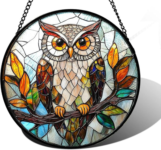 DASTOLL Stained Glass Window Hanging, Owl Colorful Leaves Birds Sun Catchers Diamond Glass Panel Hangings Suncatcher Decor for Birthday for Women, Men, Wife, Aunt, and Mom 11.8x11.8 in