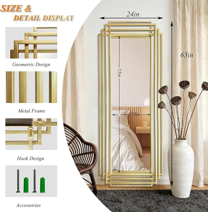 Geometric Wall Mirror, 63"x24" Modern Rectangle Full Length Mirror with Gold Metal Frame, Large Elegant Art Deco Mirror for Living Room Entryway Hallway, Hangs Vertically or Horizontally