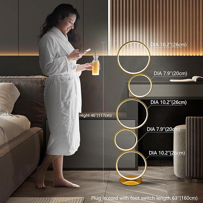 COSYLUX LED Modern Floor Lamp for Bedroom, 3 Way Bright Dimmable Corner Floor lamp with 5-Ring 2-in-1 Standing Tall End Table Lamp for Living Room & Office Reading Light, 3260LM, 6000K, Gold.