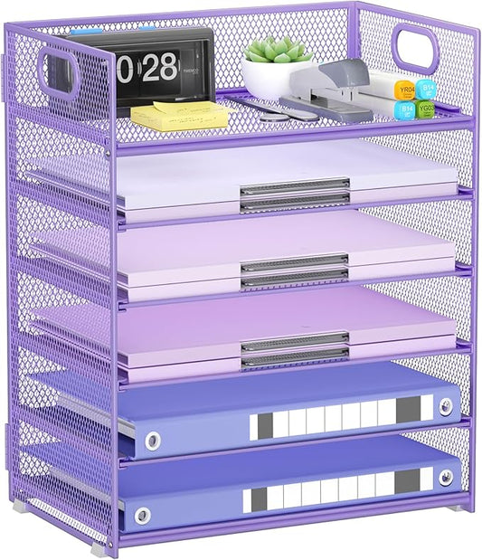 Purple Paper Organizer for Desk with Handle, 6-Tier Metal Mesh File Organizer | Stackable Desktop Organizer for Office Supplies & Stationery Storage