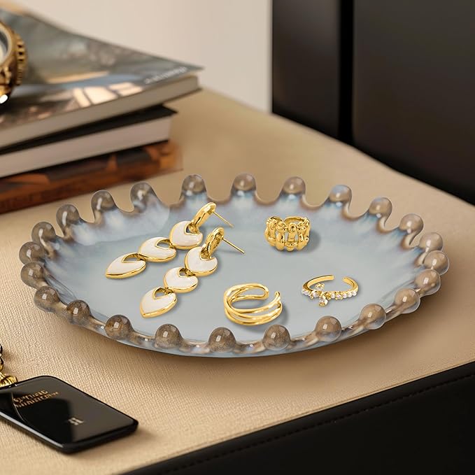 Ceramic Jewelry Dish, Decorative Tray for Rings Earrings Necklaces Bracelet Watch Keys, 4.50" Trinket Tray as Gifts for Women (Reactive Beads)