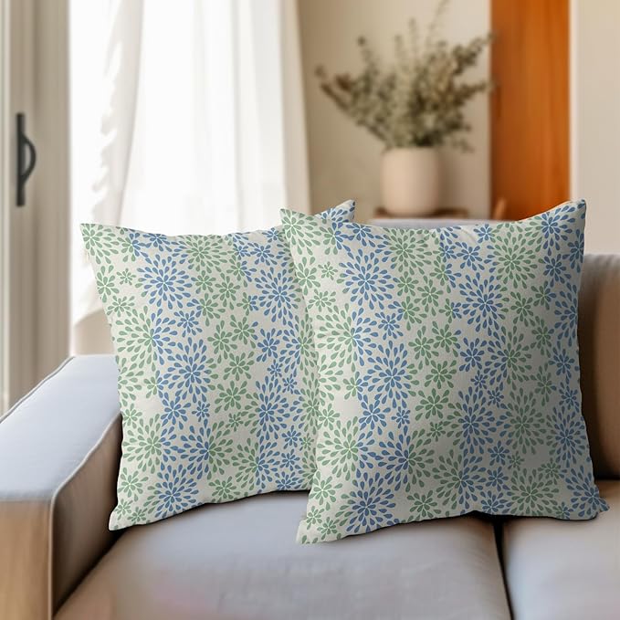 Blue Green Pillow Covers 22x22 Set of 2 Modern Geometry Dahlia Floral Print Pattern Outdoor Decorative Linen Zipper Throw Pillows Cases Cushion Cover Rustic Decoration Farmhouse Sofa Couch Bed Decor