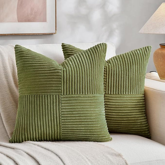 Fancy Homi 2 Packs Moss Green Big Decorative Throw Pillow Covers 24x24 Inch for Couch Bed Sofa, Rustic Farmhouse Boho Home Decor, Soft Corss Corduroy Patchwork Accent Square Cushion Case 60x60 cm