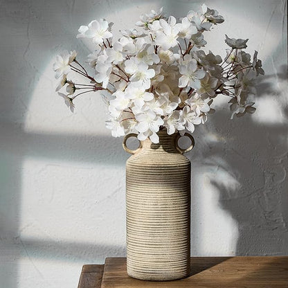Ceramic Rustic Vase with 2 Round Handles, Antique Farmhouse Flower Vase, Vintage Terracotta Vases for Home Decor, Wedding, Living Room, Table, Shelf Decor - 10.2 Inch Tall, Terra