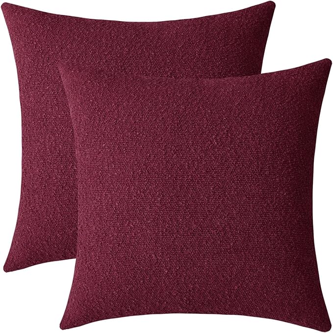Jeneoo Burgundy Red Decorative Square Thick Throw Pillow Covers Fine Textured Boucle Couch Cushion Cases for Home Livingroom Sofa Decor, Set of 2, 18 x 18 Inch
