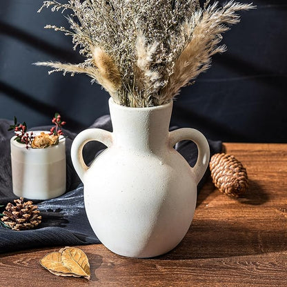 Rustic Ceramic Farmhouse Flower Vase with 2 Handles, Whitewashed Terra Cotta Vase, Decorative Pottery Flower for Home Decor, Table, Living Room, Shelf Decor, 7.3 Inch, White