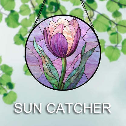 DASTOLL Stained Glass Window Hanging Purple Tulips Flower Large 15" - Suncatcher Door Garden Sun Catcher Home Decor Birthday Mother's Day for Mom Men Woman Parents Her Nana Friend