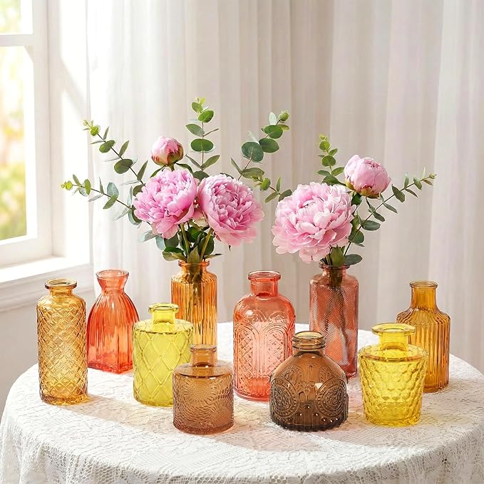 Set of 30 Gold Colored Glass Bud Vases - Small Textured Flower Vases for Centerpieces, Wedding Table Decor, Retro Home Decor Bulk Vase Set for DIY, Events & Gifts