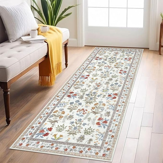 Boho Floral Machine Washable Runner Rug 2x6, Ivory Kitchen Runner Rug Non-Slip, Super Thin Hallway Rug Runner Printed Faux Wool Soft Carpet for Entryway Bedroom Laundry Room Indoor