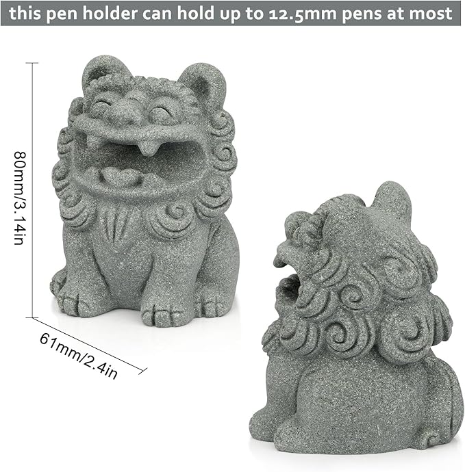 Cute Pen Holder for Deask, Lion Stone Pen Stand, Chinese Feng Shui Desk Organizer, Animal Figure for Office/Study Display Decoration