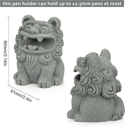 Cute Pen Holder for Deask, Lion Stone Pen Stand, Chinese Feng Shui Desk Organizer, Animal Figure for Office/Study Display Decoration