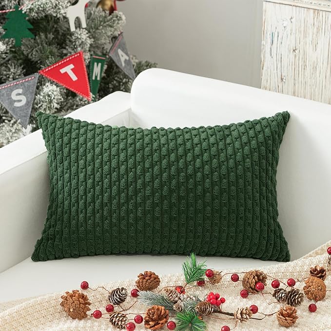 Kevin Textile 14x24 Inch Pillow Cover 1 Pack Boho Christmas Decorative Soft Striped Corduroy Lumbar Farmhouse Color Accent Rectangle Cushion Case for Living Room Couch Sofa Bed, Dark Green