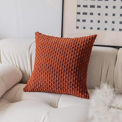 Kevin Textile Fall Set of 2 Striped Textured Velvet Corduroy Decorative Europe Sham Seasonal Autumn Throw Pillow Cushion Cover for Couch (60x60 cm 24 Inch) Burnt Brick